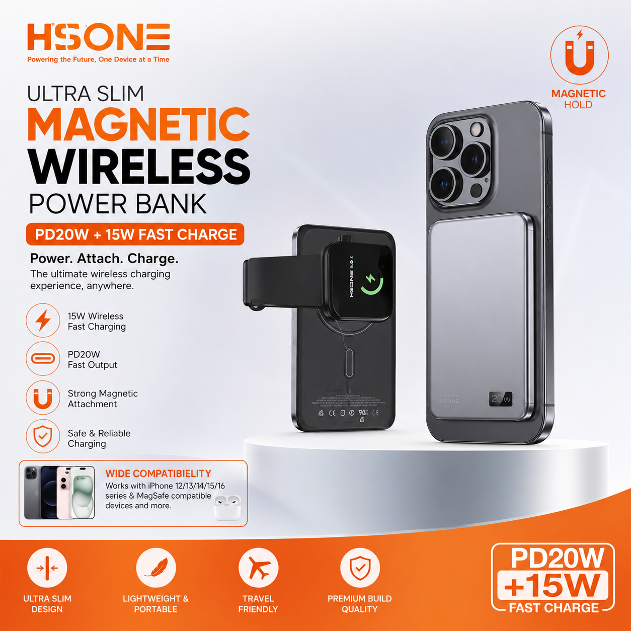 QENTROVA wireless phone charger battery bank with sleek design and integrated charging pad for smartphones.