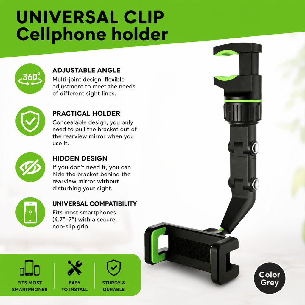 QENTROVA universal phone holder for car, motorcycle, bike, and desk, shown mounted on a vehicle dashboard with a smartphone secured in place.