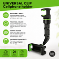 QENTROVA universal phone holder for car, motorcycle, bike, and desk, shown mounted on a vehicle dashboard with a smartphone secured in place.